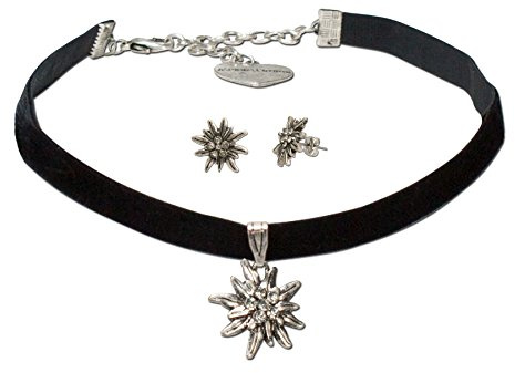 Alpenflüstern Trachtenschmuck-Set Trachten-Samt-Kropfband und Ohrstecker Strass-Edelweiß - Damen-Trachten-Schmuck, Trachtenset Trachtenkette und Trachten-Ohrringe in traditionellen Farben SET016