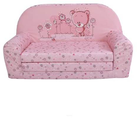 FORTISLINE Kindersofa MINI ausklappbar 78 x 40 x 45 cm - Kindercouch aus Mikrofaser mit Liegefläche 104 cm, abnehmbarem waschbarem Bezug, Oeko-TEX Standard 100, Rosa Bärchen