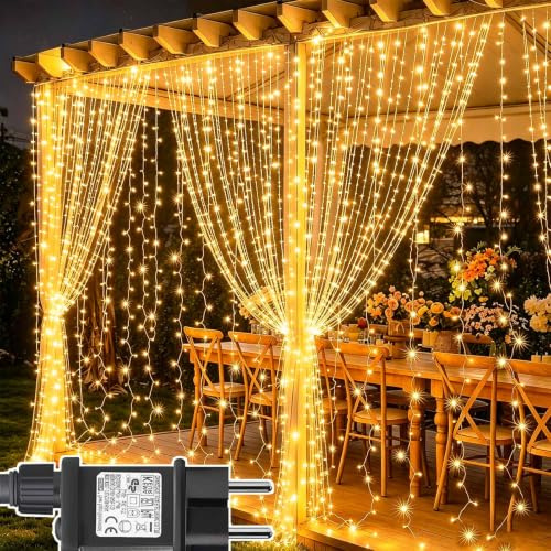 Joycome Lichtervorhang 6m x 3m 600 LED Lichterketten Vorhang mit Stecker | 8 Modi Wasserdicht Weihnachtsbeleuchtung für Zimmer Balkon Pavillon Decke Terrassen Hochzeitsdeko Weihnachtsdeko(Warmweiß)