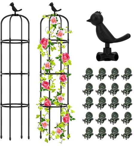 Hysagtek 2 Stück Rankhilfe Garten, 145cm Obelisk Rankhilfe Kunststoffe, Abnehmbar Rosen Rankhilfes mit Vögelchen Dekoration & 20 Stück Pflanzenklammer, Pflanzen Rankhilfes für Blumen, Tomaten