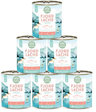 naftie Bio Fjord Lachs Hundefutter Nassfutter glutenfrei - 6x 800g | Friendly Food für Hunde, Menü mit Bio-Lachs & Quinoa, purinarm, glutenfrei, nur eine tierische Proteinquelle, für Senioren