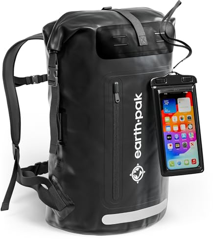 Earth Pak Summit Serie wasserdichter Rucksack, Backpack mit leistungsstarkem Reißverschluss und Rolltop, wasserfester Handyhülle Schwarz 35L