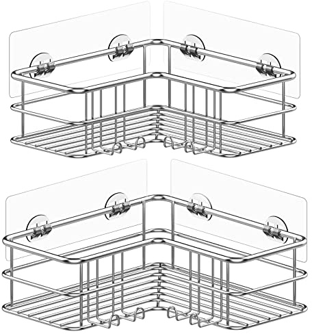 Menbyci Duschablage Ohne Bohren 2 Stück, Duschregal Eckregal Badregal SUS304 Edelstahl Metall Rostfrei, Badezimmer Regal, Duschkorb Selbstklebend für Bdaccessoires Aufbewahrung, Silber