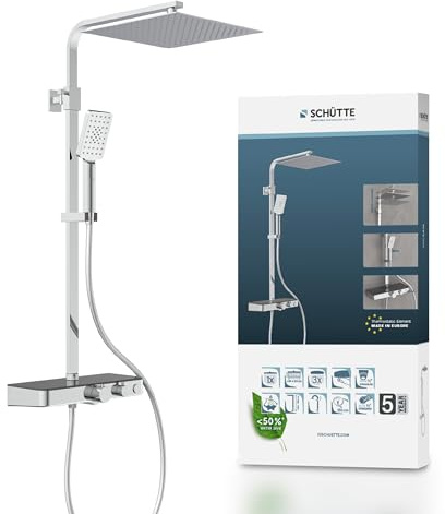 Schütte OCEAN Duschsystem mit Thermostat und Glasablage-Duschset mit 30x30cm, Regendusche mit Wandhalterung und Duschkopf-Duschpaneel Duschsäule in Chrom/Anthrazit 60531
