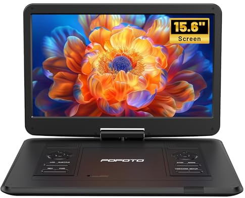 POFOTO 17,5'' Tragbarer DVD-Player mit 15,6'' Drehbarem HD-Display, 6h Akkulaufzeit, Unterstützt Mehrere Formate/SD/USB, TV/Projektor-Sync, Stoßfest & Speicherfunktion, Stereo-Lautsprecher (Schwarz)