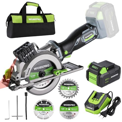 WORKPRO 20V Akku Kreissäge, Mini Handkreissäge 115mm, Kabellose Kreissäge mit 4,0Ah Akku, Schnellladegerät, 3 Sägeblätter, 4500 U/min, Laserführung, Schnitttiefe 43 mm (90°), 28 mm (45°)