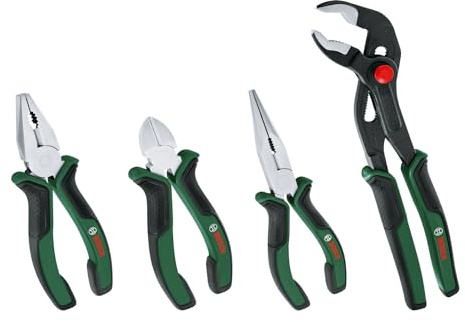 Bosch Zangen-Set, 4-teilig (hochwertige, präzise, langlebige Zangen: 160mm Seitenschneider, 180mm Kombinationszange, 180mm Spitzzange, 250mm Wasserpumpenzange; ergonomischer Softgrip)