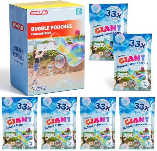 SYNCFUN 6 Packungen Riesenseifenblase konzentrierte Lösung (bis zu 4,5 Gallonen), 6 Beutel Lösung Nachfüllpackung für Seifenblasenmaschine, Stäbe, Gebläse, Ostern, Aktivität im Freien
