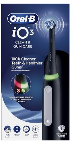 Oral-B iO Series 3 Elektrische Zahnbürste — Electric Toothbrush, Inkl. 1 Aufsteckbürste, 3 Putzmodi für Zahnpflege — Designed by Braun, GUT GETESTET von STIFTUNG WARENTEST, Schwarz