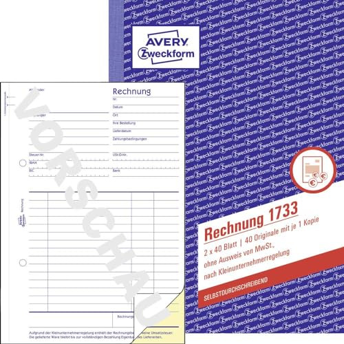 AVERY Zweckform 1733 Rechnung für Kleinunternehmer (A5, 2x40 Blatt, selbstdurchschreibend mit farbigem Durchschlag, ohne Ausweis von MwSt., nach Kleinunternehmerregelung) weiß/gelb