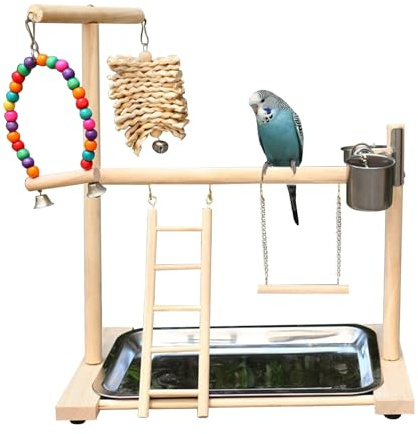 Vogel Spielplatz, Holz Wellensittich Spielplatz Freisitz mit 2 Edelstahl Feeder-Cup Spielzeug Leiter und Tablett, Papageien-Spielständer Sitzstange für Nymphensittich Papageien Wellensittiche (B)