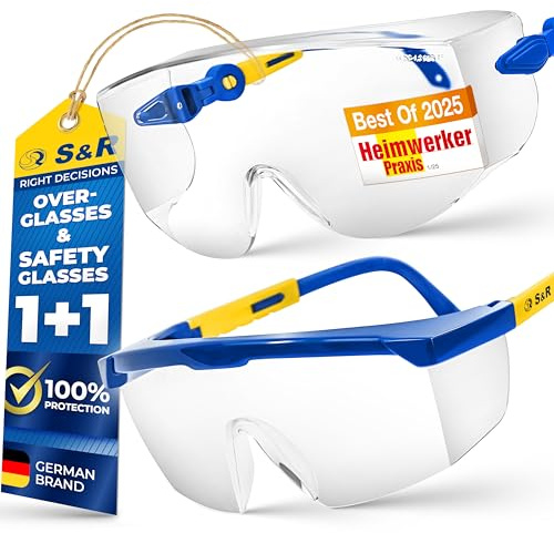 S&R Schutzbrille Arbeitsschutzbrille Schutzbrillen Set – Augenschutzbrille mit Schutzgläsern, Sicherheitsgläsern, UV-Schutzbrille, Überbrille für Brillenträger, Laborbrille, Safety Glasses