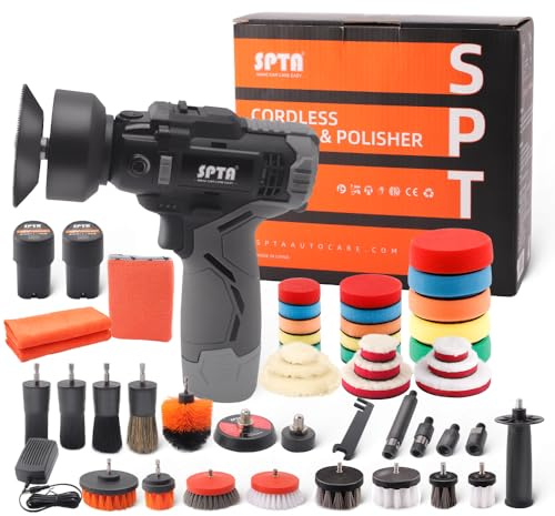 SPTA Poliermaschine, 12V Akku 2.0 Ah Polierer Auto Schleifmaschine Set Profiset Auto Politur Set mit 2tlg Batterie, 37tlg Polierschwamm Pollierpad, Polierfell,Polierteller für Auto KFZ Boot