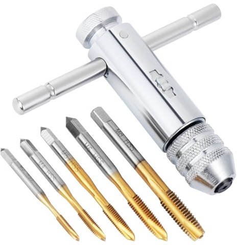 Habwea 5 Stück Gewindebohrer Set, M3 M4 M5 M6 M8 HSS Gewindefräsen T -Griff Ratsche Gewindeschneider Halterschlüssel (Tap Wrench Set-Golden)