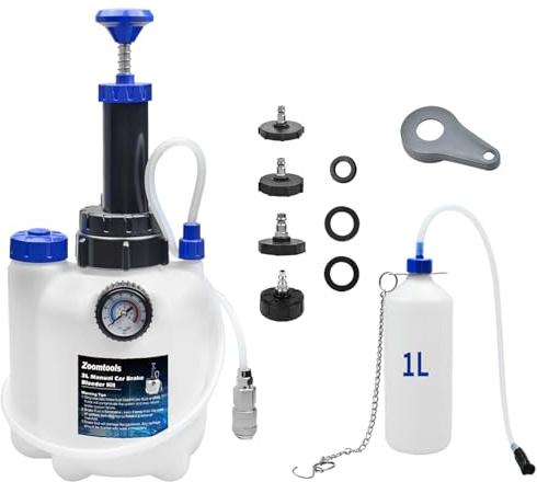 Zoomtools 3L Bremsenentlüftungsgerät, Manuelle Bremsflüssigkeits-Druckentlüfterflasche, E20 Geeignet für die meisten europäischen Modelle, mit 1L Bremsflüssigkeits-Auffangbehälter (4 Adaptern)