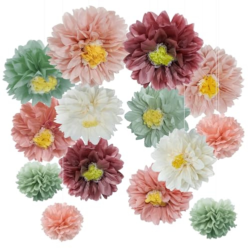 YBwanli 13 Stück Papierblumen pompons deko, papierblumen zum aufhängen deko, für Geburtstagsdeko Mädchen, Zimmer deko, bride to be, Hochzeitsdeko, kommunion, Babyparty, gartenparty