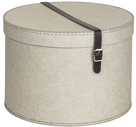 BIGSO RUT 2er-Set Aufbewahrungsbox mit Deckel – runde Ordnungsbox mit Lederriemen – große und kleine Hutschachtel aus Faserplatte und Papier in Leinenoptik – beige