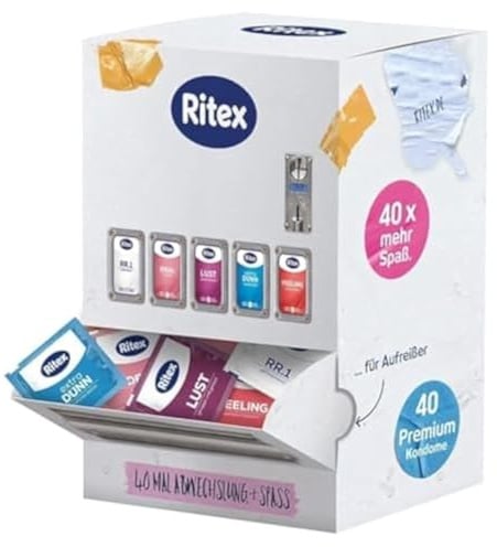 Ritex Kondomautomat – Kondome Probierpaket 40 Stück, Kondom Spender mit 5 verschiedenen Ritex Kondomen für Abwechslung & Spaß – Kondome vegan, dermatologisch getestet, Made in Germany