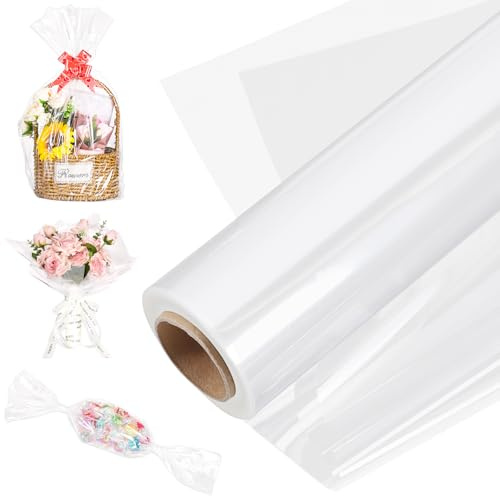 80cm x 45m Cellophan Rolle, Transparentes Geschenkpapier Doppelte Geschenkfolie Blumenfolie Verpackungsfolie für Hochzeit Blumenstrauß Geschenkkorb (Gefaltete: 40 cm)