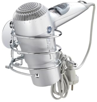 WENKO Turbo-Loc® Haartrocknerhalter, Föhnhalterung fürs Badezimmer, mit Kabelhalter, Befestigung ohne Bohren, aus verchromtem Stahl, 14 x 7,5 x 11,5 cm