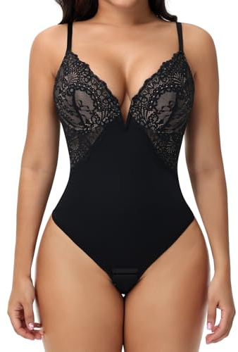 SHAPERIN Shapewear Damen Body mit Spitze Formender Body Bauchweg Bügel BH | Figurformende Body Tanga V-Ausschnitt Ärmelloses Tank Top Spitze Rückenfrei Body Shaper Hochzeit Party Täglich