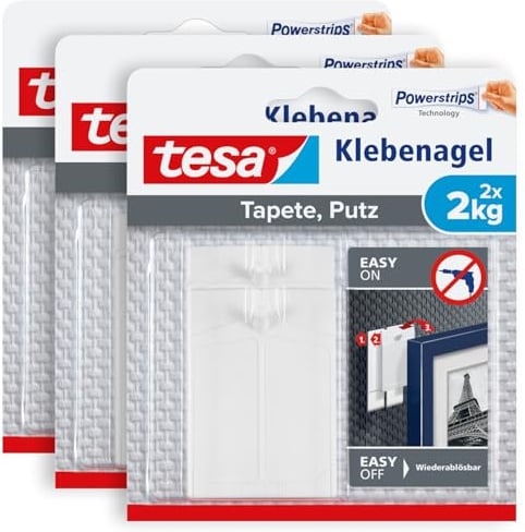 tesa Klebenagel für Tapeten und Putz 2kg im 3er Pack - Selbstklebende Nägel für empfindliche Oberflächen - rückstandslos - bis zu 2kg Halteleistung pro Nagel - 3 x 2 Klebenägel