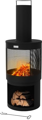 ML-Design Gartenkamin mit Schornstein, 131x45 cm rund, Stahl, Outdoor Gartenofen, Terrassenofen mit Schürhaken, abnehmbarem Dach, Holzablage, Terrassenkamin Feuerschale/Feuerkorb für Garten & Camping