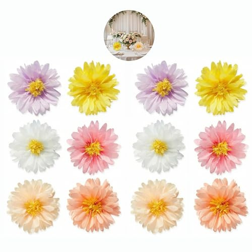 12 Stück Papierblumen Pompons Deko, Pastell Gänseblümchen Deko | Aufhänge Seidenpapier Pompoms Blume für Seidenpapier gartenparty deko, Geburtstagsdeko Mädchen, Hochzeit, Babyparty