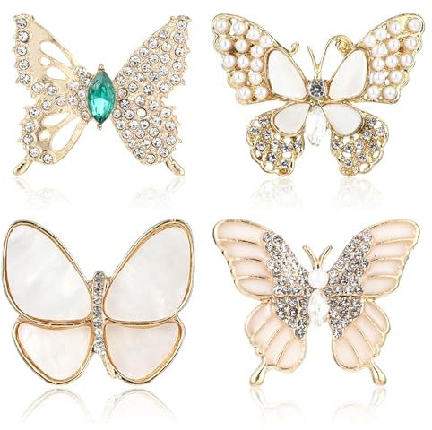 Andibro 4 Stück Schmetterlings Broschen für Damen,Strass Perlen Broschennadeln Modische Gold Broschen Anstecknadeln Elegant Schal Anstecknadel Clip Abzeichen Corsage Schmuck
