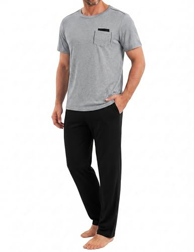 Uniexcosm Schlafanzug Herren Lang Zweiteiler Pyjama Set Rundhals Nachtwäsche Kurzarm Oberteil und Pyjamahose für Männer Grau M