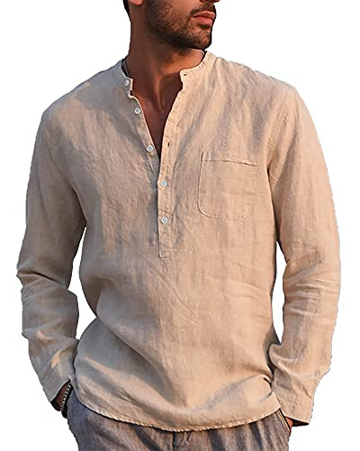 LVCBL Hemd Herren Langarm Henley Sommerhemd Herren Freizeithemd Leinenhemd Regular Fit Men Shirts