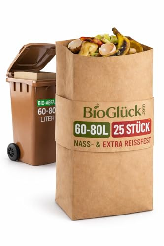 BIOGLÜCK® Biomüllsäcke 60L & 80L [25 Stück] | Flexibel anpassbar für 60 und 80 Liter Biotonnen | Extra reißfest & nassfest