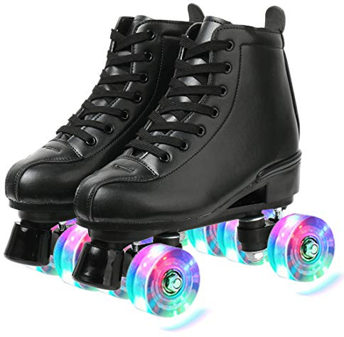XUDREZ Classic Rollschuhe High-Top zweireihig Leder Rollschuhe für Damen und Herren (Black Flash Wheel