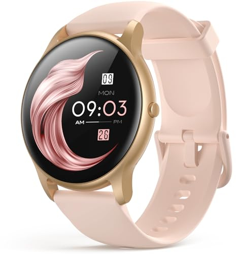 AGPTEK Smartwatch, 1,3 Zoll runde Armbanduhr mit personalisiertem Bildschirm, Musiksteuerung, Herzfrequenz, Schrittzähler, Kalorien, usw. IP68 Wasserdicht Fitness Tracker für iOS und Android, Rosa