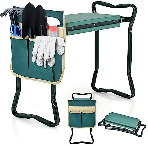 COSTWAY 2 in 1 Kniebank für Gartenarbeit, Gartenhocker klappbar, Garten Arbeitshocker mit EVE-Polster & 1 Werkzeugtasche, Knieschutz Kniehilfe, bis 150 kg belastbar, 58 x 27,5 x 50 cm, Grün