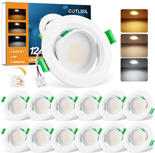 COTLEDL 12er LED Einbaustrahler 230V Dimmbar, Ø68–80 mm Lochmaß, 5W 450 lm | LED Spot 230V 3000/4000/6000K, Spots Deckenleuchte schwenkbar, IP44 für Bad/Küche/Wohnzimmer