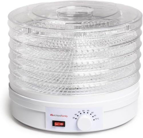 Melchioni Family Babele, Elektrischer Trockner, Mehrzweck-Lebensmitteltrockner, 5 stapelbare und herausnehmbare Regale, Leistung 250 W, einstellbare Temperatur 40-70 ° C