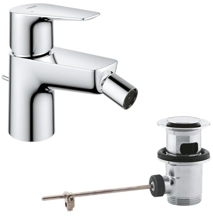 GROHE Start Edge, Bidetarmatur mit Zugstangen-Ablauf, 6l/min | Bidet-Wasserhahn, Kugelgelenk-Mousseur, inkl. Keramikkartusche, mit 3in1 Werkzeug (chrom, 23345001)