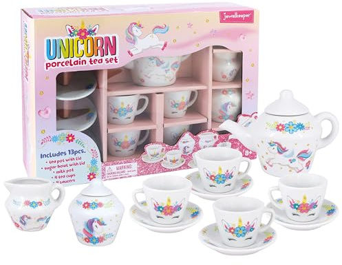 Jewelkeeper® Einhorn Porzellan-Teeservice für Mädchen, 13-teilig | Kinder-Teeservice in Geschenkbox, Teekanne, Tassen, Untertassen, Milchkännchen und Zuckerdose, Geschenk Mädchen 6-8 Jahre