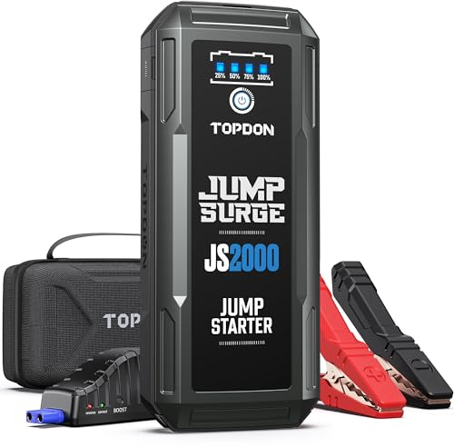 TOPDON Starthilfe Powerbank, JS2000 Starterbatterie 2000A Auto Booster Power Pack für bis zu 8L Benzin&6L Dieselmotoren, Kfz Jump Starter mit Starthilfekabel/Eva Tasche/Eingebaute LED, 16000mAh
