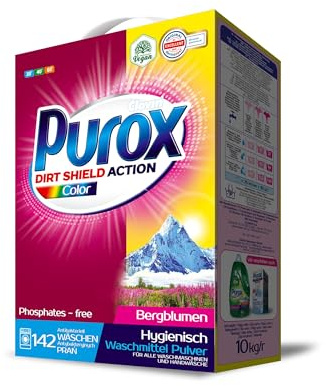 PUROX COLOR Waschpulver im Karton 142 Waschladungen 10 kg – Universelles Pulver für Farbige Textilien, Entfernt Flecken, Umweltfreundlich, Effizient, Schützt vor Kalk