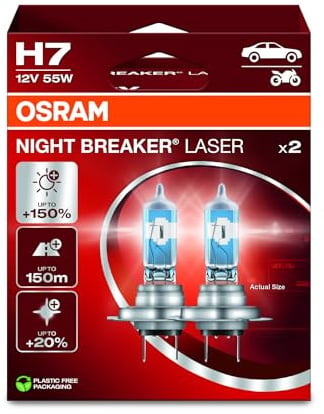 Osram NIGHT BREAKER LASER H7, +150% mehr Helligkeit, Halogen-Scheinwerferlampe, 64210NL-2HB, 12V PKW, Hängebox (2 Lampen)