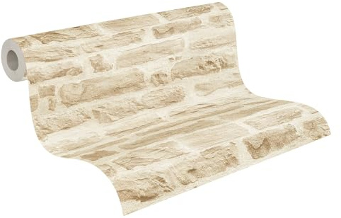 A.S. Création Best of Wood`n Stone Vliestapete mit Steinmotiv 0,53 x 10,05 m – Creme, Beige – Steintapete Made in Germany – 355802