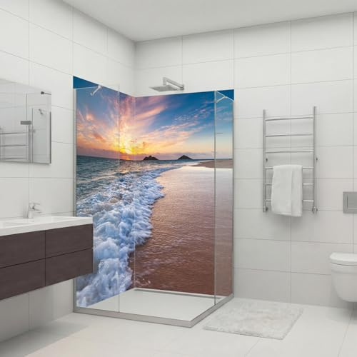 dedeco 2tlg. Eck-Duschrückwand Strand V5, 90x200cm Alu 3mm classic | Wasserfeste Duschrückwand, Alu-Verbundplatte classic – fugenlos, pflegeleicht, Fliesenersatz, Made in Germany