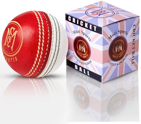 Mozi Sports Cricketball aus Leder, handgenäht, hochwertig, Gewicht 156 g, Rot/Weiß