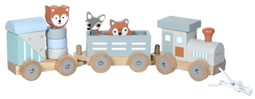Kindsgut Nachziehzug aus Holz mit Zootieren, 12-teilig, Streifen | Lernspielzeug mit Lok, 2 Waggons, Bausteinen und Stapeltieren, fördert Feinmotorik, Hand-Auge-Koordination und Fantasie