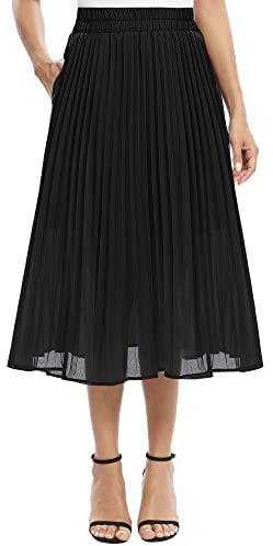 EXCHIC Damen Fließender Chiffon Elastisch Taille Midi Rock Freizeit A-Linie Knielange Falten Rock mit Tasche (XL, Schwarz)
