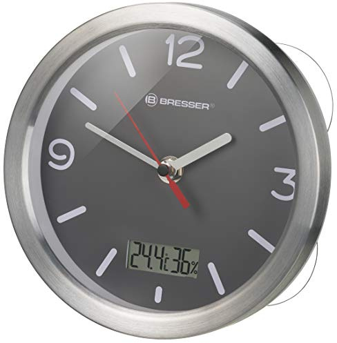 Bresser 8020116 Wanduhr Mytime Thermo-/Hygro Funk Baduhr mit Thermometer und Hygrometer inklusive 4 Starker Saugnäpfe zum Aufhängen oder Aufstellen, Grau , 17cm
