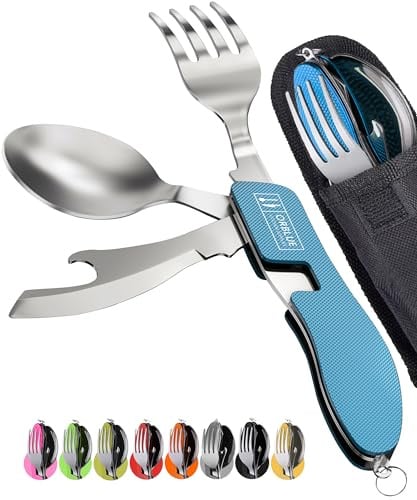 ORBLUE Campingbesteck Klappbar 2 Pack – 4-in-1 Outdoor Besteckset mit Messer, Gabel, Löffel & Flaschenöffner für Camping, Wandern und Reisen – Blau