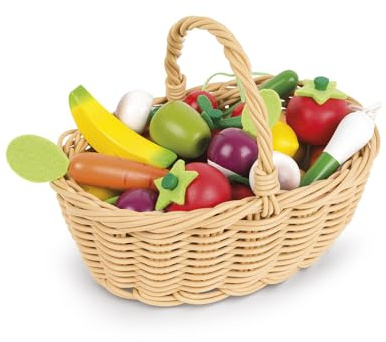 Janod - 24-teiliges Obst- und Gemüse Sortiment im Korb - Einkaufskorb für Kinder - Spielset für Küche oder Kaufmannsladen - Ideal für Rollenspiele - Ab 3 Jahren, J05620